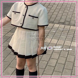 ✨小不點兒✨韓版套裝 女童套裝 夏季新款小香風套裝2022女寶寶夏款兩件套兒童短袖上衣百褶裙（90cm-150cm)