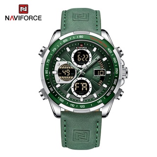 Naviforce 品牌男士手錶石英數字男時鐘軍事運動綠色真皮商務男士手錶