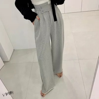 【V納斯】💋快速出貨💋設計有型腰頭不對稱雙扣寬鬆直筒闊腿褲 休閒褲 長褲