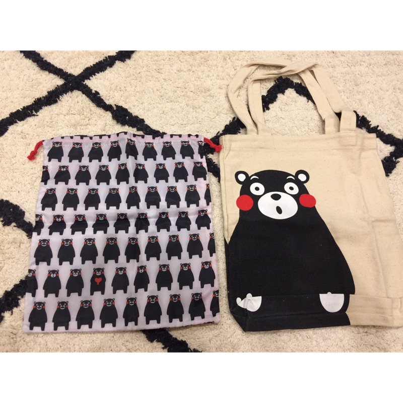 Kumamon 熊本熊 白色雙面熊購物袋+抽繩收納包 一組兩入