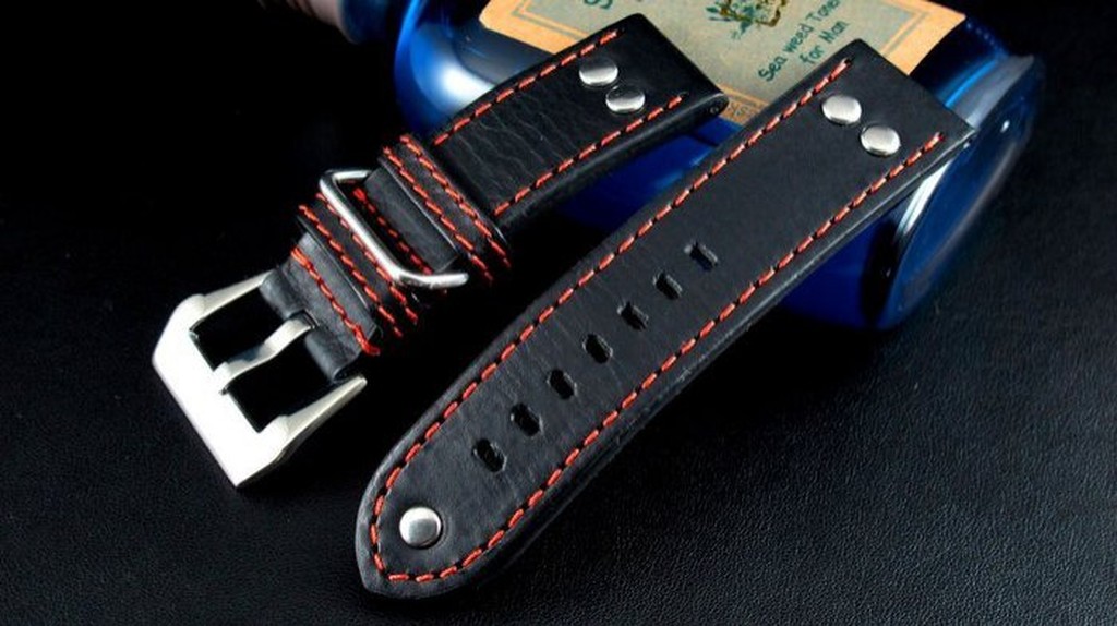 24mm直身黑色小沛的新衣banda德國軍錶vintage冒險風格鉚釘真皮錶帶panerai hamilton紅色縫線