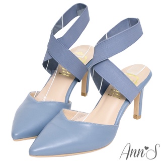 Ann’S芭蕾造型-寬版鬆緊繫帶V口綿羊皮尖頭細跟鞋8cm-藍