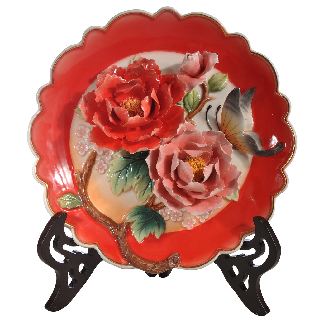 【免運🔥】牡丹花立體掛盤 陶瓷藝品 居家擺飾 風水擺設 中國風裝飾品 禮品 手工釉下彩繪