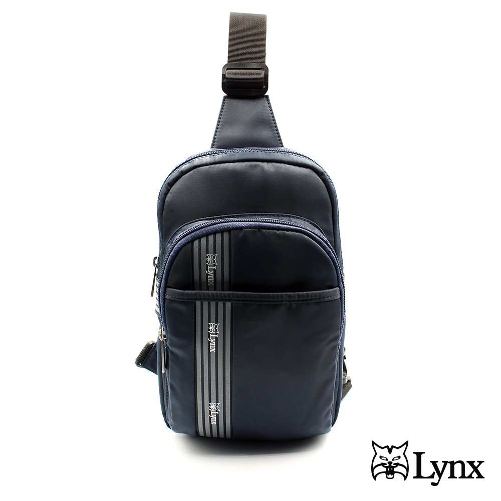 【Lynx】美國山貓簡單條紋多隔層機能防潑水尼龍布包側背包 胸包 藍色 LY39-1121-39