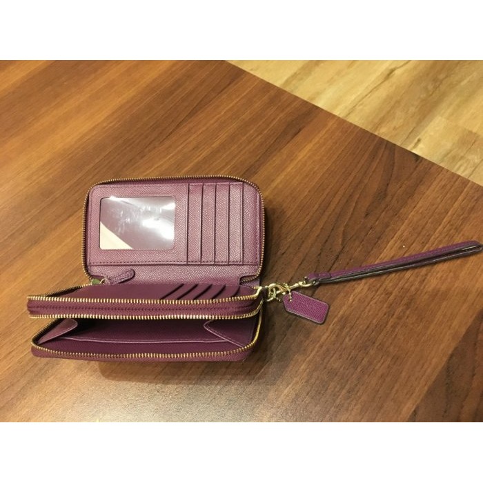 約八成新美國帶回正品COACH F53564經典款LOGO紫色雙層拉鍊長夾中夾錢包 