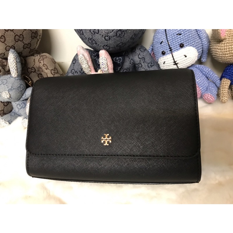 🉐️特價🉐️TORY BURCH/TB黑色金logo防刮格紋翻蓋斜背包