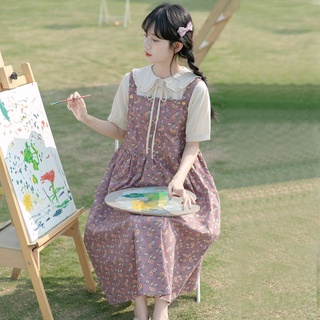 夏季學院風日系小清新碎花背帶連衣裙女學生 娃娃領襯衫單件套裝