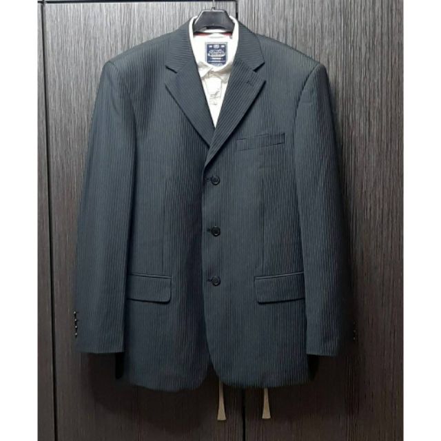 （客訂勿下標）（義大利製）正品GIORGIO ARMANI亞曼尼 男灰色條紋混羊毛雙開衩西裝外套52號