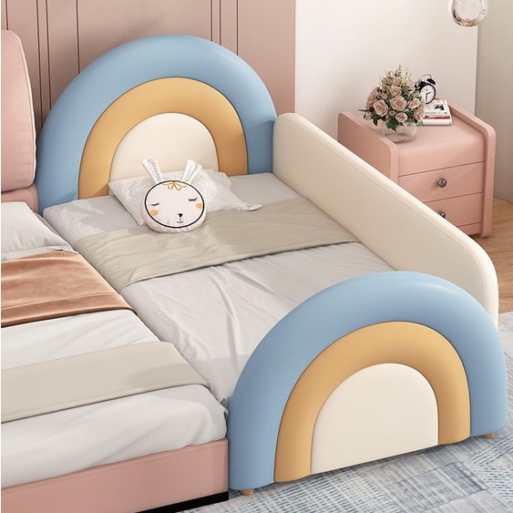 輕奢兒童拼接床嬰兒床帶護欄寶寶床實木加寬床彩虹軟包可愛床邊床 rL0K