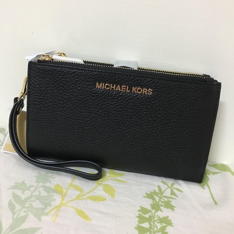 保證真品 mk Michael Kors Jet Set 黑色真皮雙拉鍊 手機包 手拿包 中長夾 可放照片