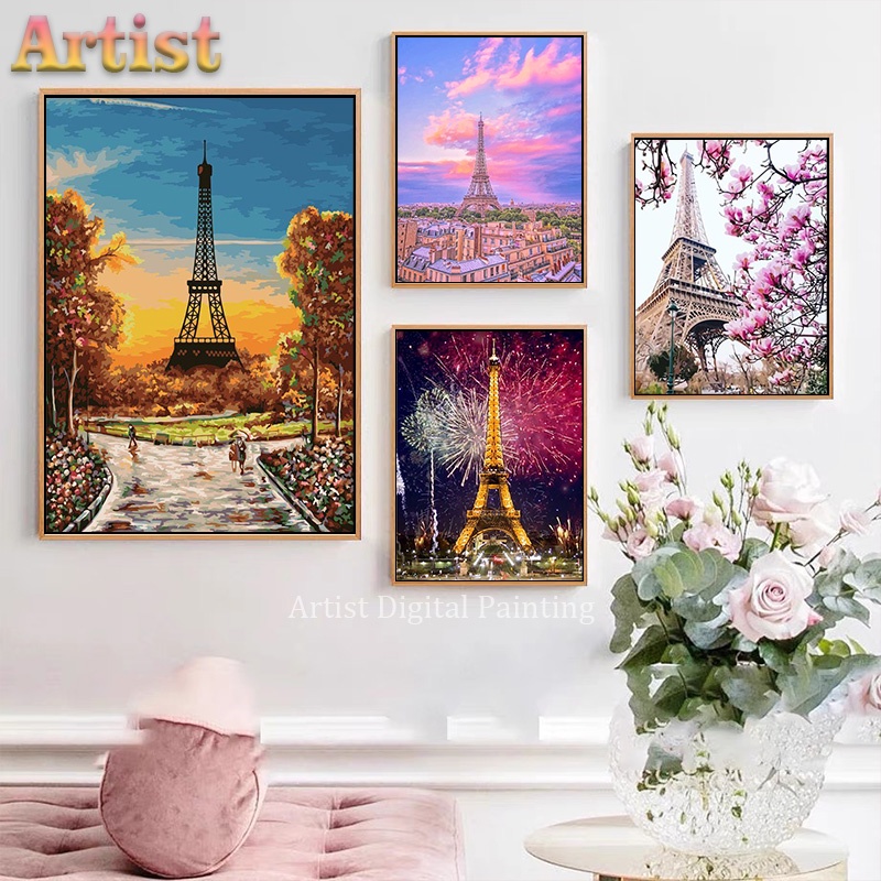 Artist DIY數字油畫 風景 巴黎鐵塔（40X50CM帶框）按數字畫 油畫 手工畫 裝飾畫 數字繪畫