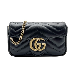 GUCCI Super Mini Marmont 仿舊金雙G牛皮釦式斜揹包(476433-黑)