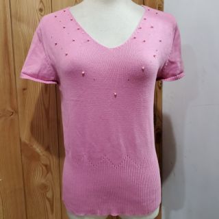 【二手】粉色綴珠珠針織造型短袖上衣