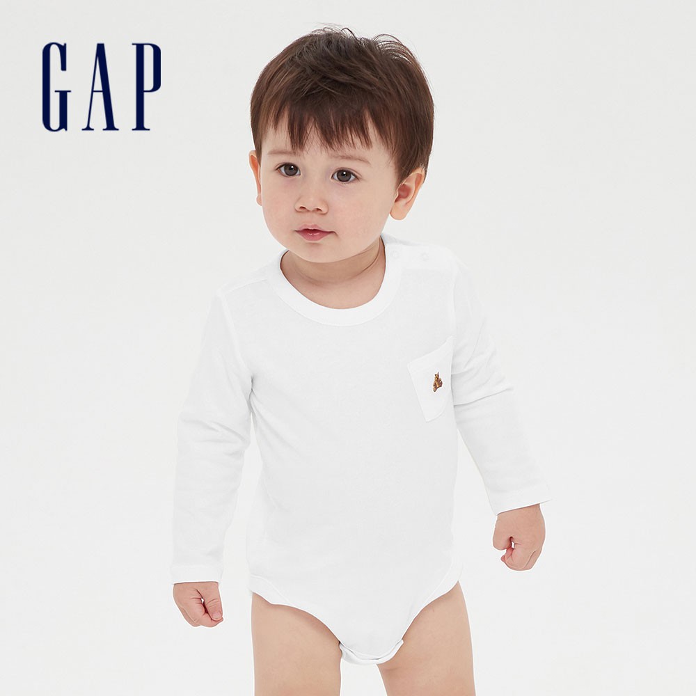 Gap 嬰兒裝 簡約素色圓領長袖包屁衣 布萊納系列-白色(615680)