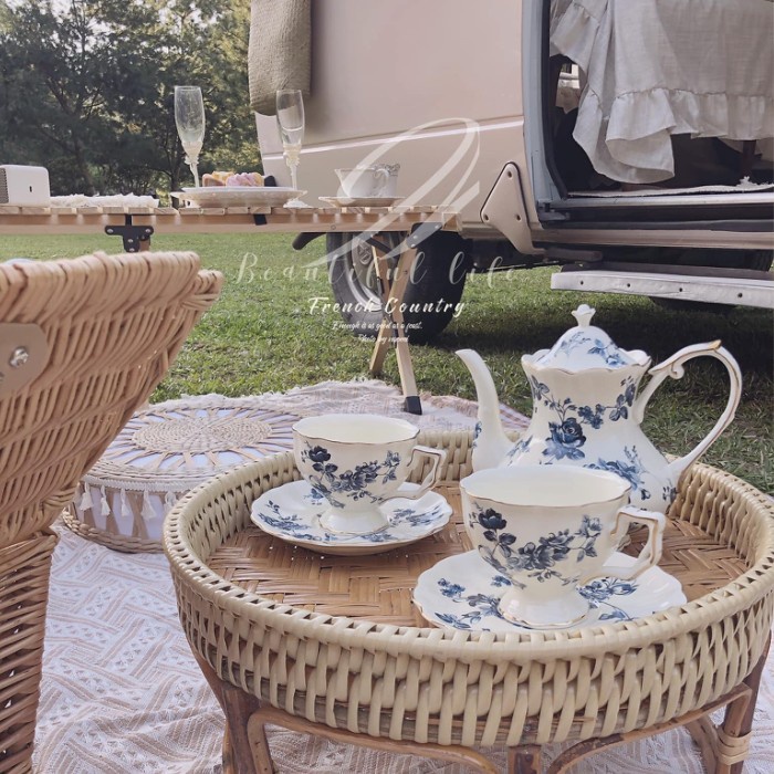 藍色復古細枝藤蔓花邊茶壺杯盤組 英式 復古 歐式 法式 陶瓷咖啡杯碟下午茶壺ins