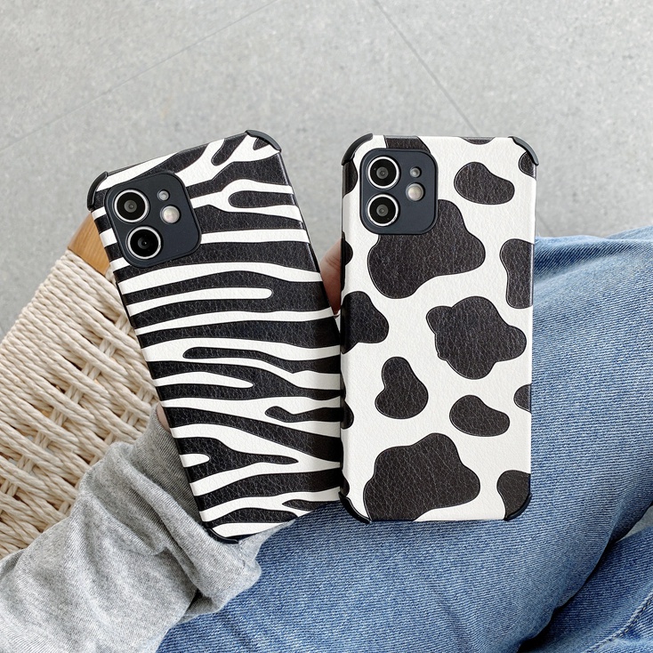 可愛的奶牛斑馬條紋印花皮革手機殼適用於 Apple Iphone 13 Mini 12 11 PRO MAX X XS