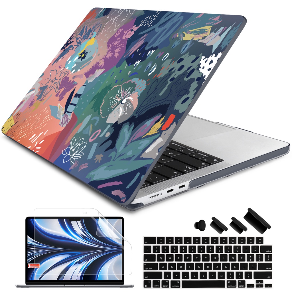 花草磨砂/光面打印殼適用於MacBook Pro Air M2 M1 Pro13 14 15 16吋防刷殼帶注音鍵盤膜