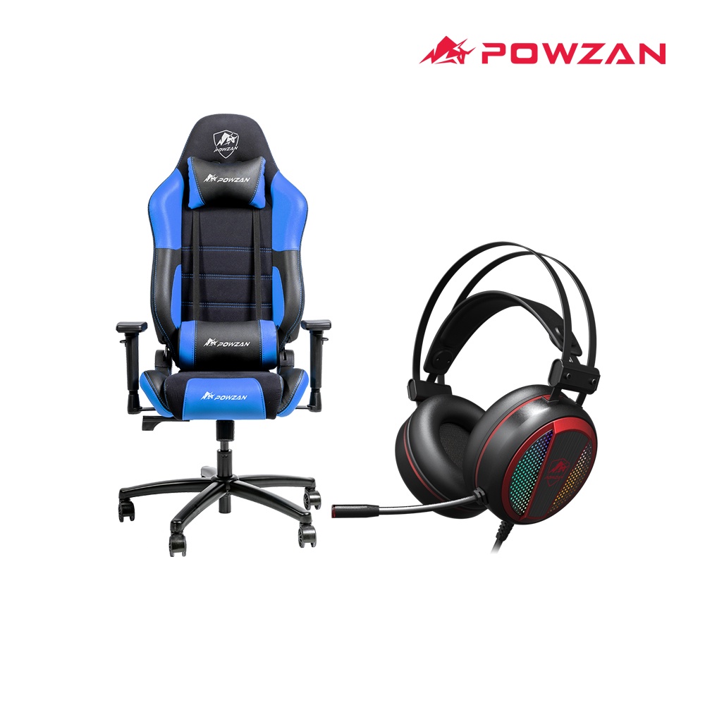 POWZAN CR-GC603黑藍電競椅+SONAR CH400 RGB電競耳機【二件組超值回饋價】