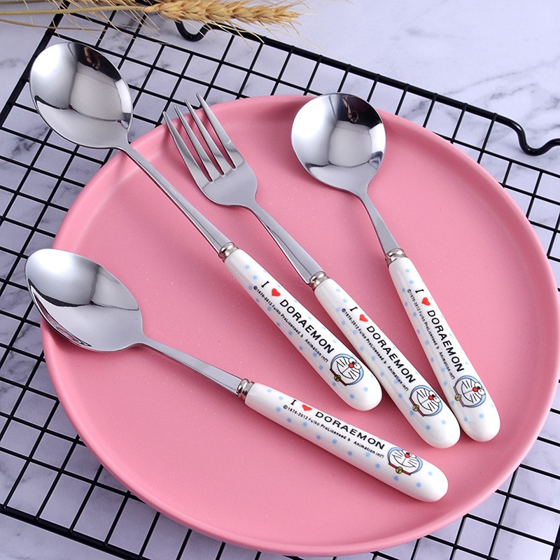陶瓷握柄304不鏽鋼餐具 戶外環保健康餐具組 湯匙 叉子 筷子 卡通Kitty貓 小叮噹 兒童安全餐具