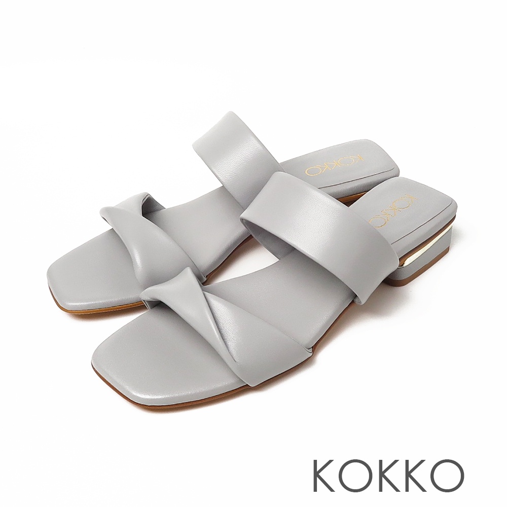 KOKKO經典手工方頭寬線條綿羊皮方塊粗跟涼拖鞋灰藍色
