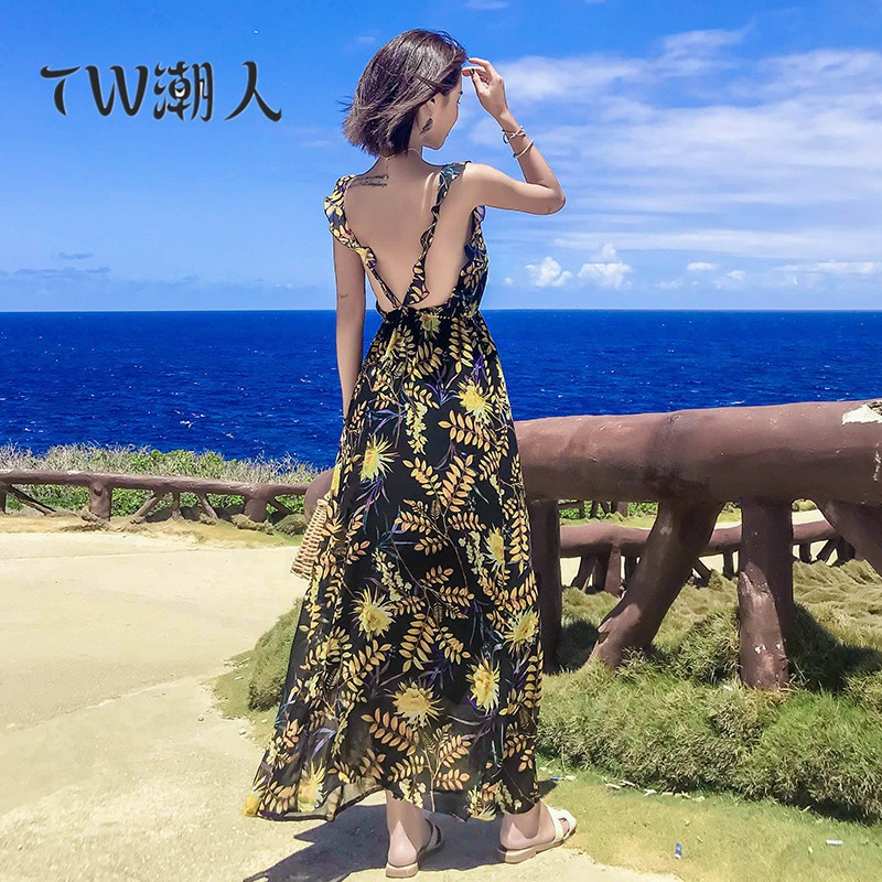 優質現貨 海邊巴厘島度假長裙氣質印花連衣裙大v領性感洋裝露背洋裝荷葉邊度假沙灘長裙沙灘裙 蝦皮購物