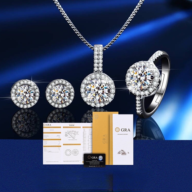 [附有GRA證書]S925純銀莫桑鑽石戒指 項鍊 耳環套裝 莫桑石套裝高級珠寶套裝