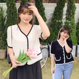 CCGIRL中大尺碼 撞色拼接法式小香風襯衫上衣 -共2色- 適L～5L《 31516 》大碼女裝 中大尺碼上衣
