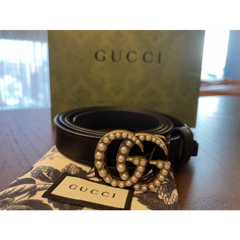 100% 真品 Gucci 黑色 皮帶 GG 珍珠 2cm