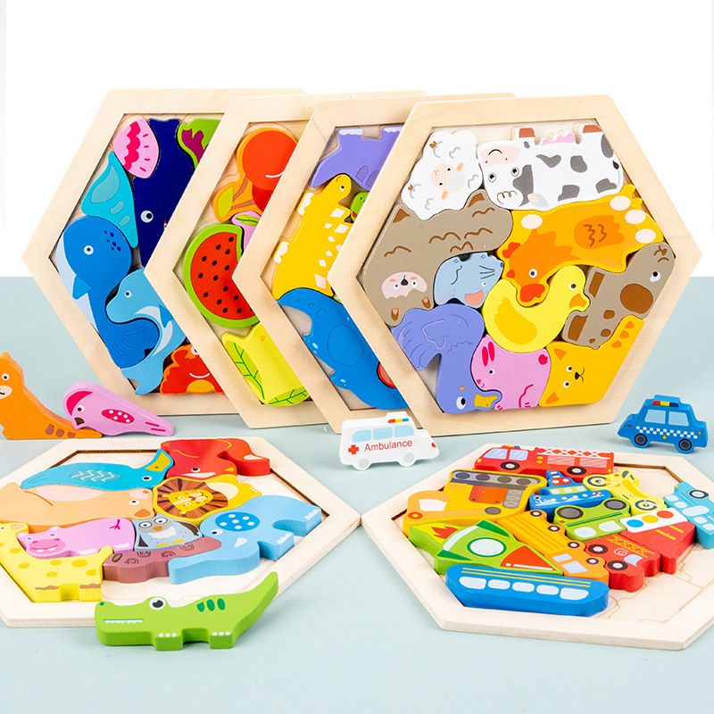 兒童木質拼圖 立體加疊拼圖幼兒早教認知益智卡通動物交通拼圖拼板玩具