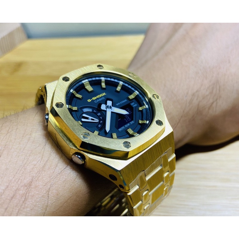 台灣公司貨G-SHOCK GA-2100黃色改裝3代土豪金金屬外殼+金屬錶帶