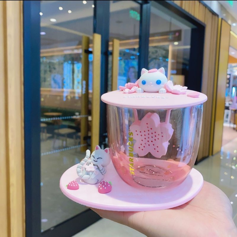 2021星巴克櫻花季粉色花瓣玻璃杯可愛櫻花猫咪茶濾杯幻彩少女心水杯