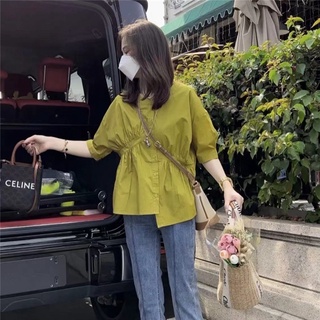 【🍒櫻桃大尺碼】M-4XL 大尺碼襯衫 新夏女韓版寬松不對稱褶皺襯衣設計感拼接工藝上衣
