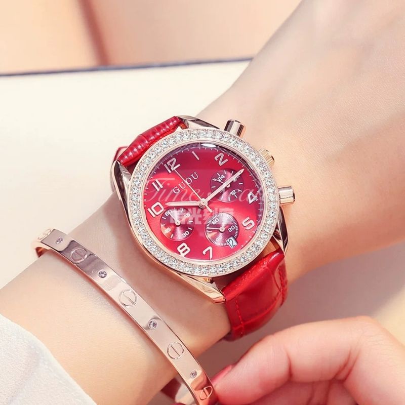GUOU/古歐 真三眼鑽面真皮手錶 女錶 腕錶 精品錶 韓版手錶 watch 女生手錶