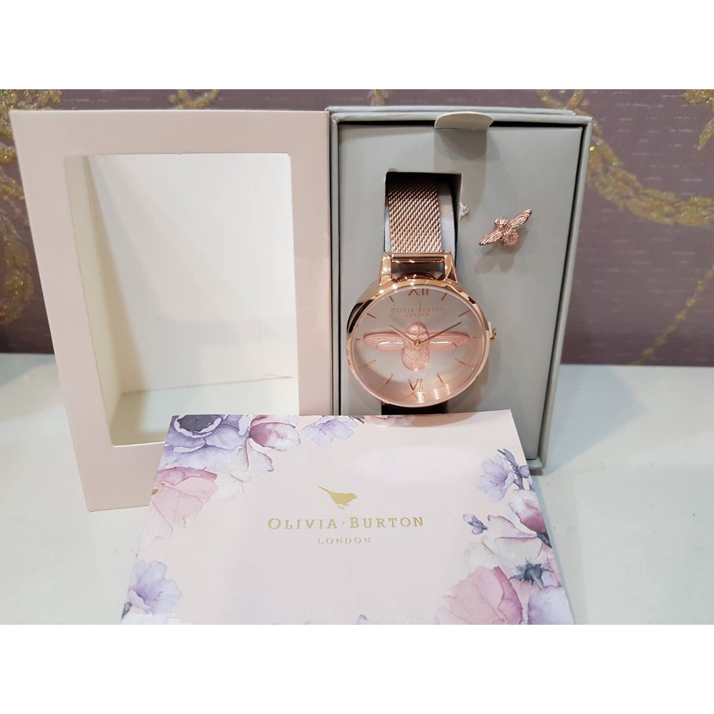 母親節禮~全新正品~英國品牌Olivia Burton 經典玫瑰金蜜蜂別針米蘭錶帶組