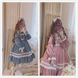 【🌷絕版現貨🌷】秋冬Lolita軟妹公主裙 逗醬原創正品【糖豆豆】燈芯絨蕾絲長袖op洋裝