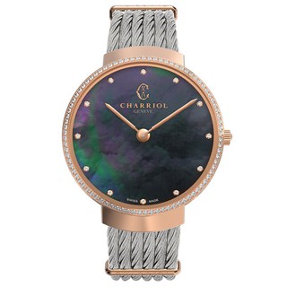 CHARRIOL夏利豪 ST34PD1560018 Slim系列玫瑰金鑽石錶殼鋼索腕錶 / 黑面 34mm