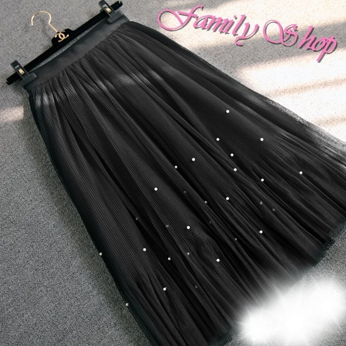 【Family Shop】（現貨）韓風~ 超美網紗鑲白珍珠黑/白紗裙 百褶紗裙網紗 蓬裙 蓬鬆 鬆緊腰 甜美氣質感長裙