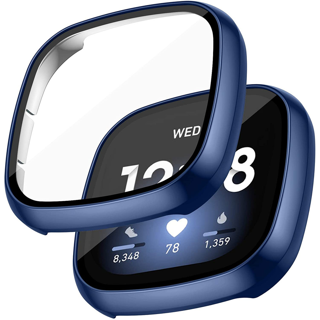 適用於 Fitbit Versa 3/Sense Case 屏幕保護膜,帶鋼化玻璃,硬質 PC 全覆蓋保護 Fitbit