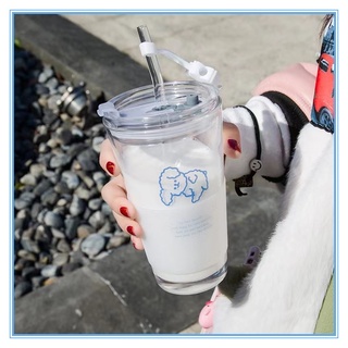 水杯杯子隨行吸管杯ins可愛卡通飲料玻璃杯牛奶早餐杯果汁杯咖啡杯吸管杯耐熱耐高溫刻度水杯 杯子 玻璃水壺 環保杯玻璃吸管