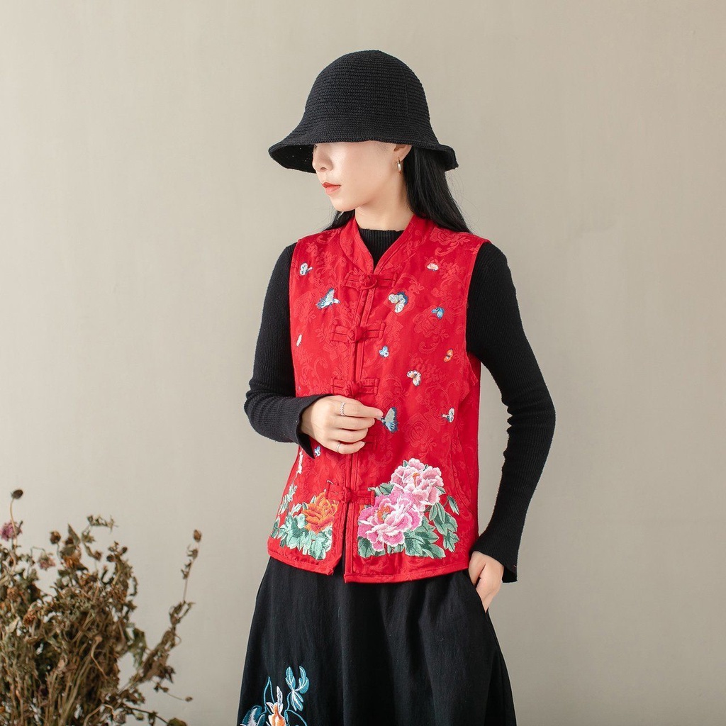 馬甲女春季民族風復古繡花外套唐裝外搭背心刺繡中國風馬夾女上衣