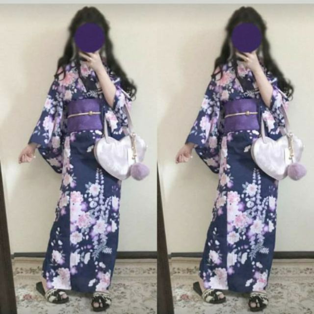 日單紫色底華麗花朵浴衣 蝦皮購物