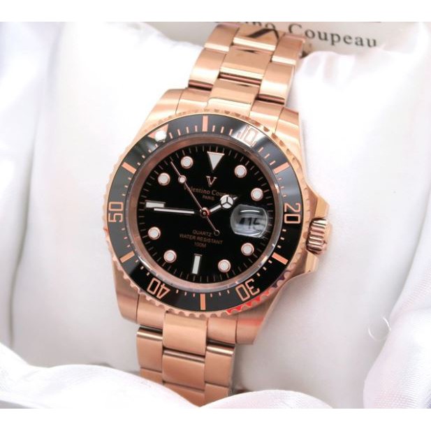 【八度空間】Valentino 古柏不鏽鋼腕錶-日本機芯防水錶 全玫瑰金陶瓷外框水鬼錶 #范倫鐵諾