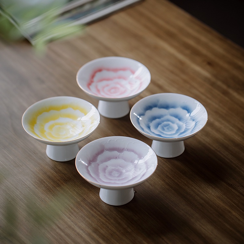 瑞陶陶瓷特賣有田燒金邊純手繪立體牡丹高足果盤茶點盤家用日式釉下彩陶瓷托盤