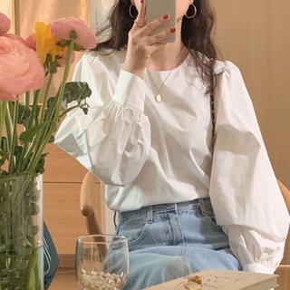 優質~韓國chic早春法式氣質輕柔風圓領泡泡袖上衣多色寬鬆套頭長袖襯衫