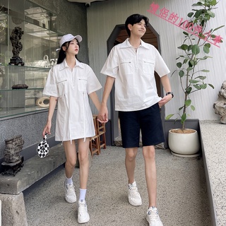 【COUPLE】夏季💕💕不一樣的情侶裝設計感復古白色休閒工裝寬鬆襯衫短袖連衣裙潮