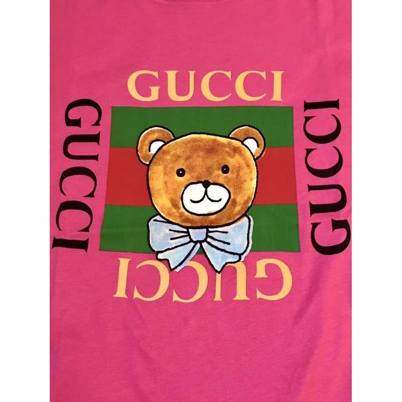 近全新 Gucci 超卡哇伊泰迪熊桃紅色logo純棉t恤 S碼 蝦皮購物