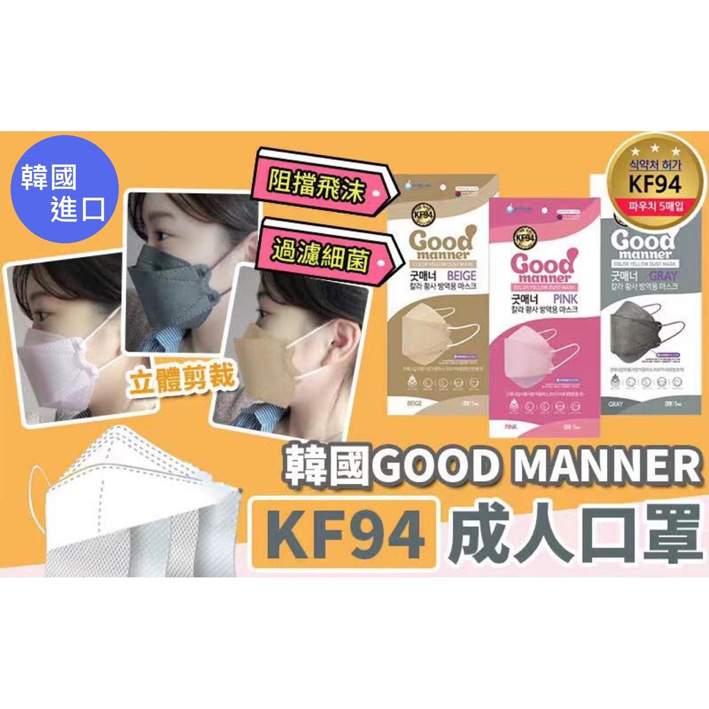 【現貨】韓國進口 Good Manner KF94 彩色口罩 四層防護3D立體口罩 一包5入 粉/灰/奶茶/白/黑