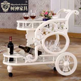 【廠直/免運】（高檔推車）品質保證歐式酒水車餐車推車酒店移動置物架餐廳家用雕花雙層實木車手推車【娟姐大賣場】