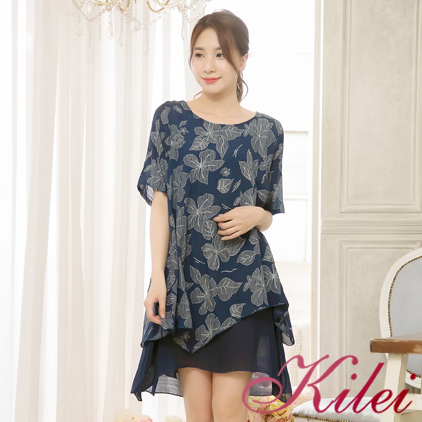 【Kilei】雙層次下擺不規則假兩件圓領印花麻紗短袖連身裙洋裝XA4168-01(氣質藍)大尺碼