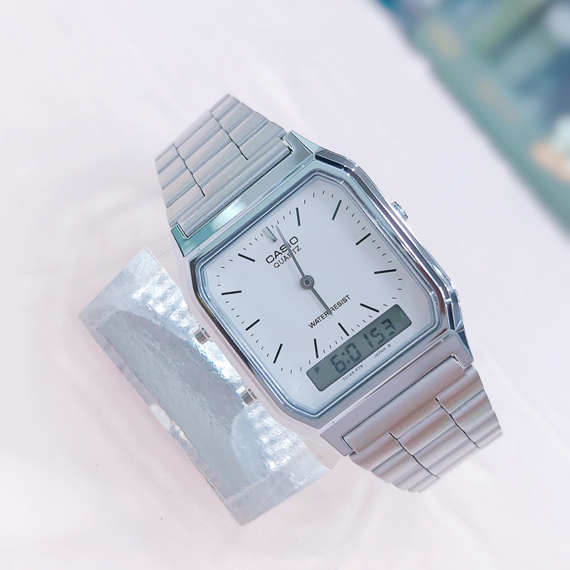 ✨ CASIO 公司貨 ✨ 卡西歐 復古銀x白雙顯示不鏽鋼錶 防水 保固 AQ-230A-7D